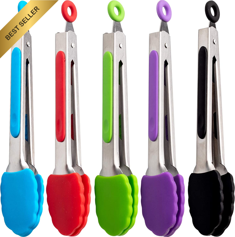 5 Pack Kitchen Silicone Small Tongs Set 7-Inch Mini Tongs Heavy Duty Colorful St