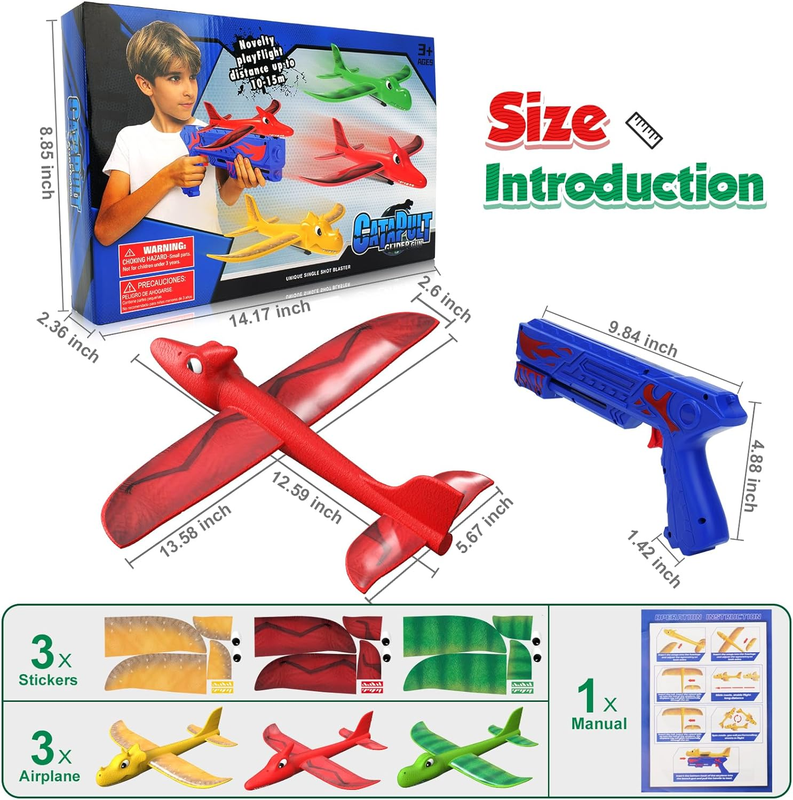 Dinosaur Airplane Launcher Toys for Boys: 3 Pack Dino Foam Airplanes Outdoor Toy