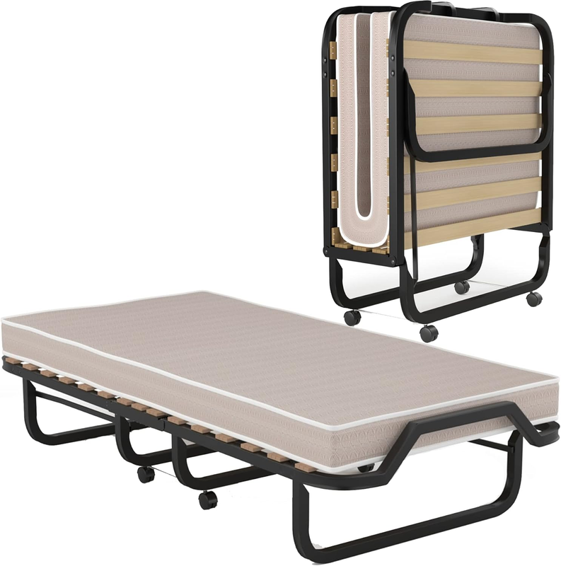 Folding Bed with 4” Mattress, Foldable Rollaway Bed with Memory Foam Mattress fo