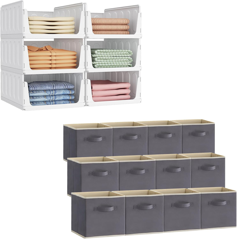 6-Pack Stackable Closet Organizers and 12-Pack 11 Inch Gray Foldable Storage Cubes, Multifunctional Organizers for Wardrobe, Bedroom, Kitchen, Office & Dorm