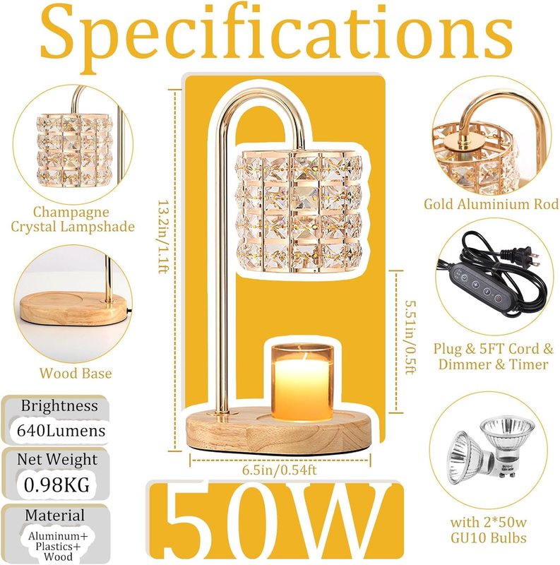 Candle Warmer Lamp, Wax Warmer Lamp with 2 Bulbs, Timer & Dimmer 7-Levels, Candl