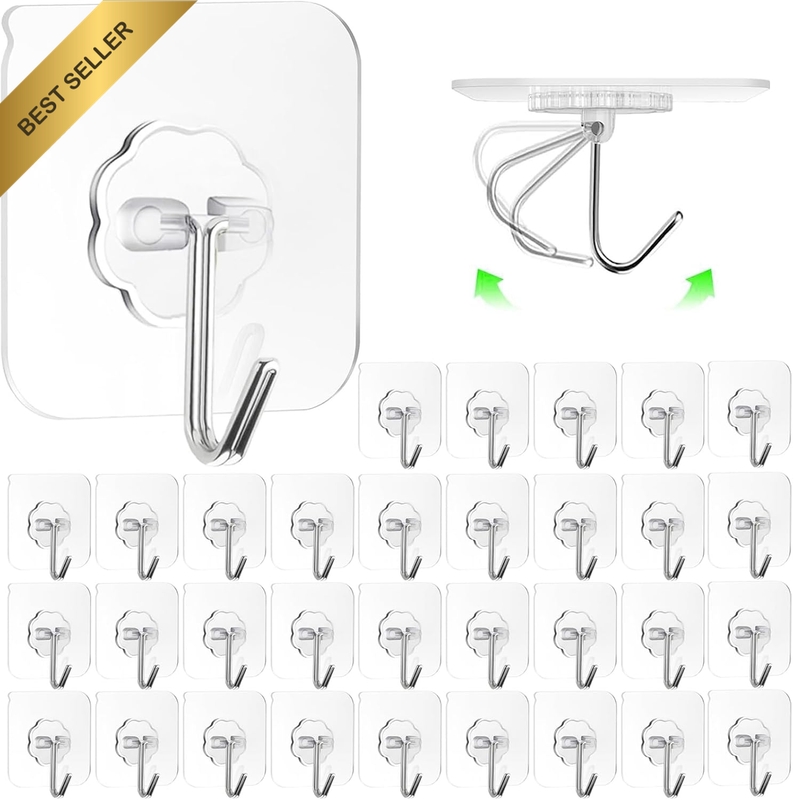 Adhesive Hooks Wall Hooks for Hanging, 32 Pack Heavy Duty Self Sticky Hooks 22Lb