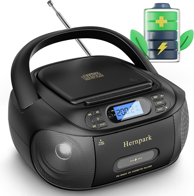 CD Cassette Player Combo, Hernpark Rechargeable Boombox with Bluetooth 5.1, Tape