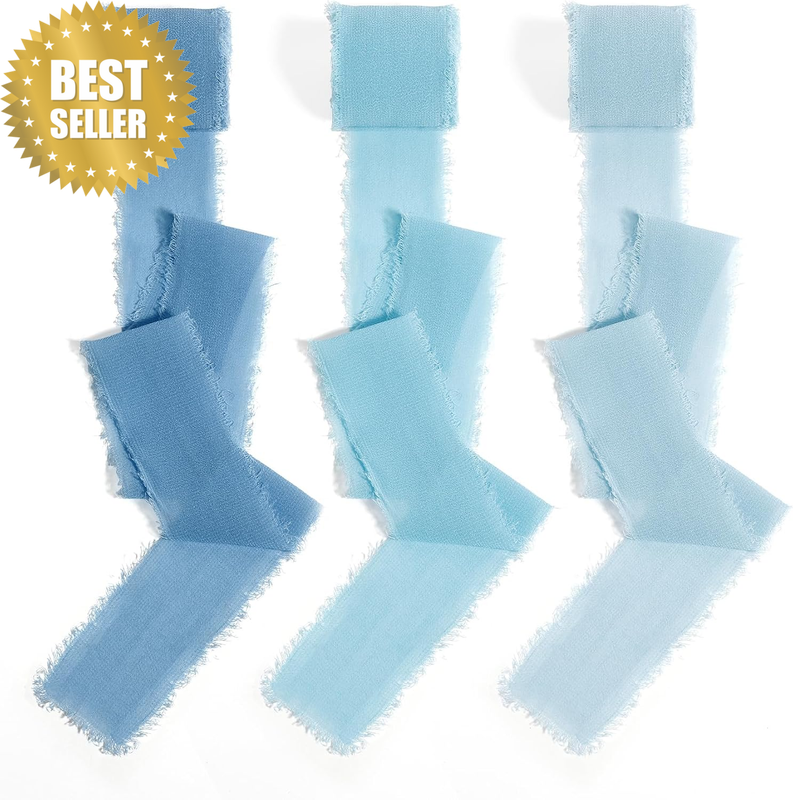 3 Rolls Blue Chiffon Ribbon, 1 Inch Wide X 6.6 Yards Each with Hand-Torn Fringe