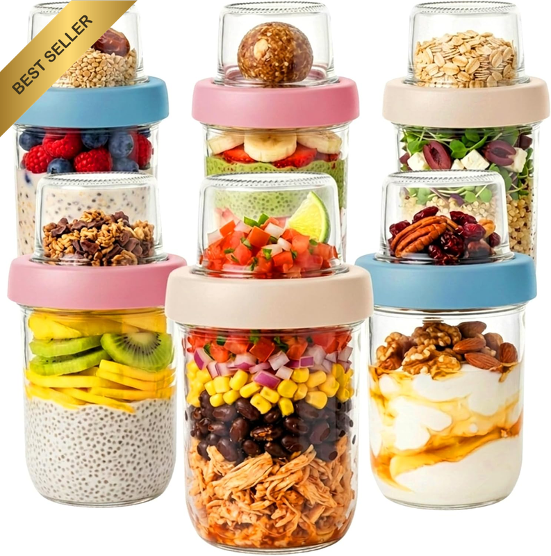 6 Pack Overnight Oats Jars, Dual-Layer Dry & Wet Separation Glass Containers, Le