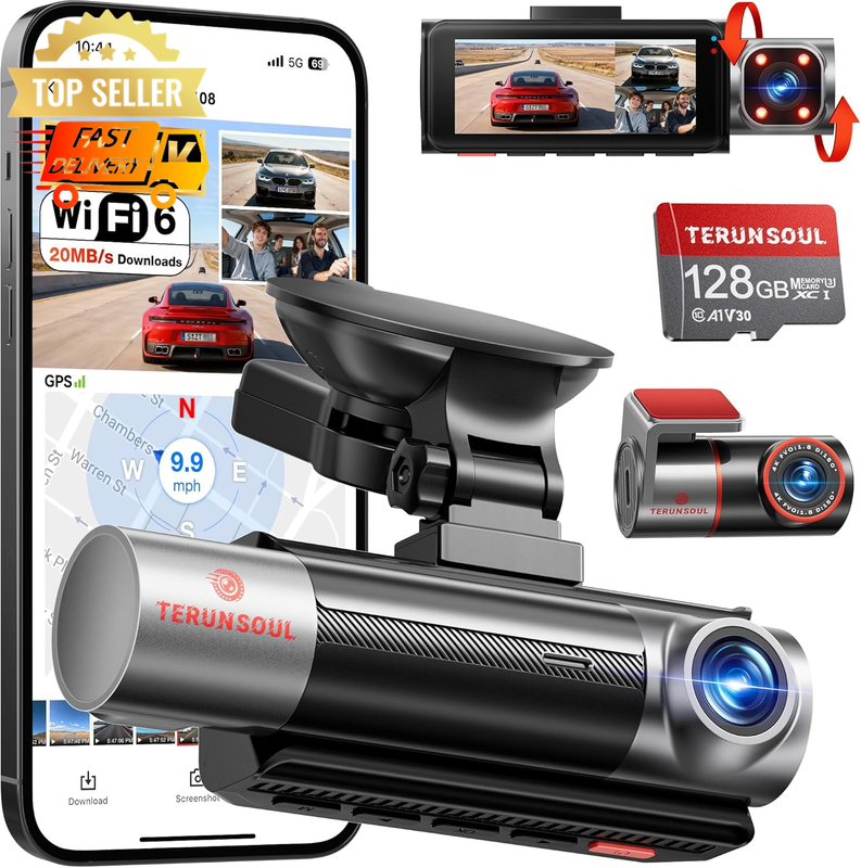 4K Dash Cam Front Rear Cabin, Night Vision, GPS, WiFi + 128GB Card