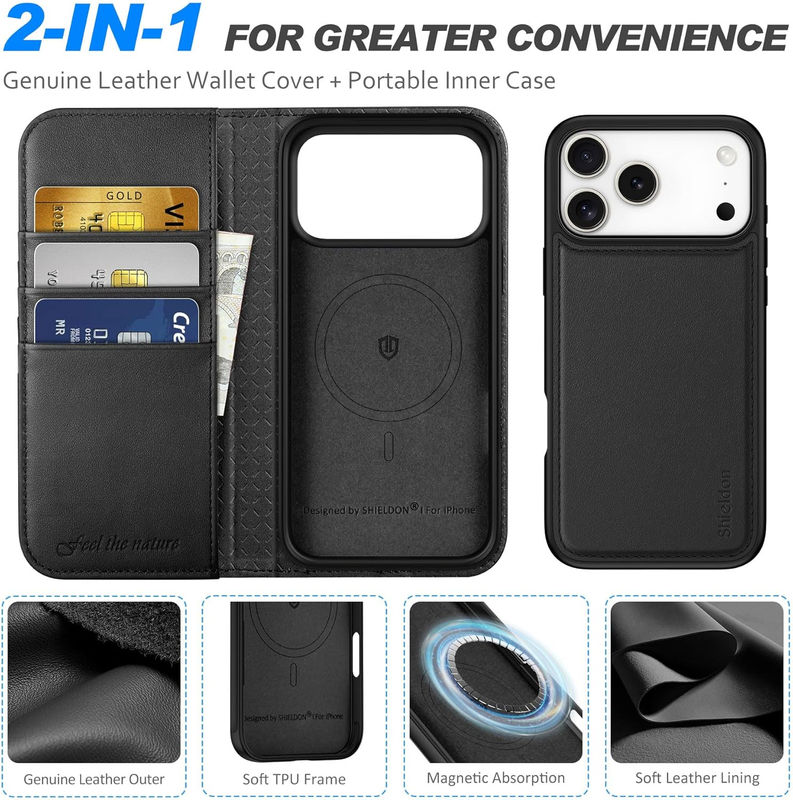 Genuine Leather Detachable Wallet Case for iPhone 17 Pro Max 6.9", Wireless Char