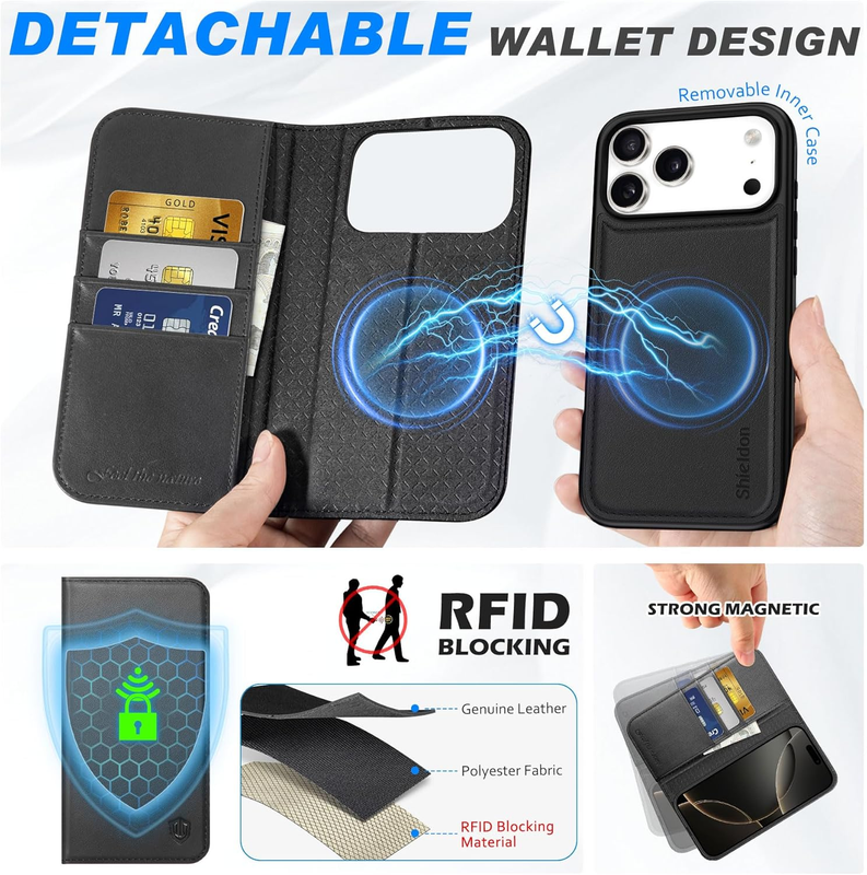 Genuine Leather Detachable Wallet Case for iPhone 17 Pro Max 6.9", Wireless Char