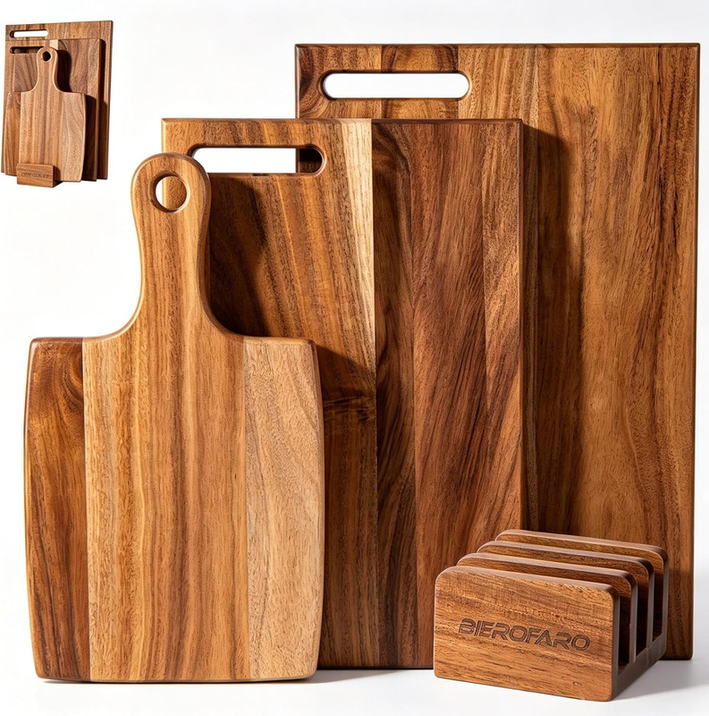 Acacia Wood Chopping Board Set of 3 with Stand, Multi-Size Wooden Cutting Boards