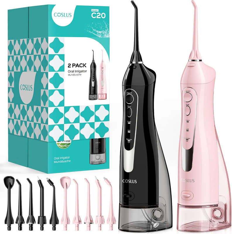 2 Pack Cordless Water Flosser with Elegant Packaging for Teeth, Braces, Gums Care - Easy to Use, Rechargeable, Waterproof, Portable for Travel, Bpa-Free, Black & Pink, C20(F5020E)