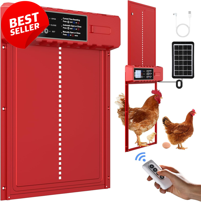 Automatic Chicken Coop Door Solar XL Red USB-C 3 Modes Anti-Pinch - US