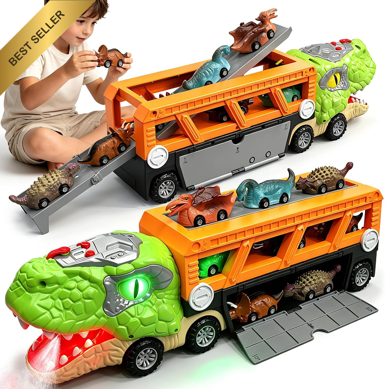 Dinosaur Truck Carrier Toy with Spray,Lights & Sounds,Transport Vehicle Playset,