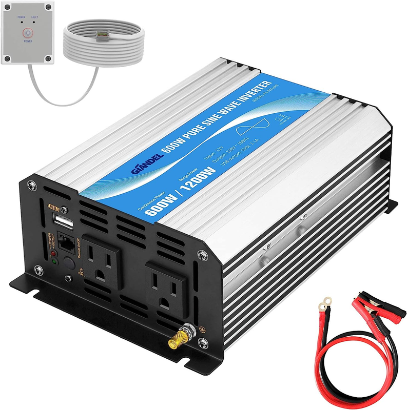 Power Inverter Pure Sine Wave 600Watt 12V DC to 120V AC with Remote Control Dual
