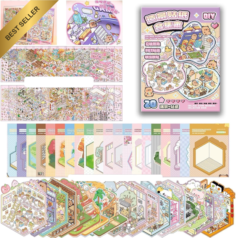 DIY 3D Sticker Scene Book, 20 Sets Cute Cartoon House Stickers, Art Therapy & St