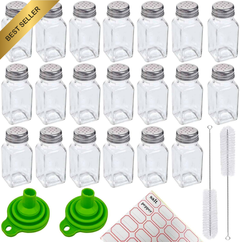 24 Pack Glass Salt and Pepper Shaker Set with Brush and Foldable Funnel, 1.75