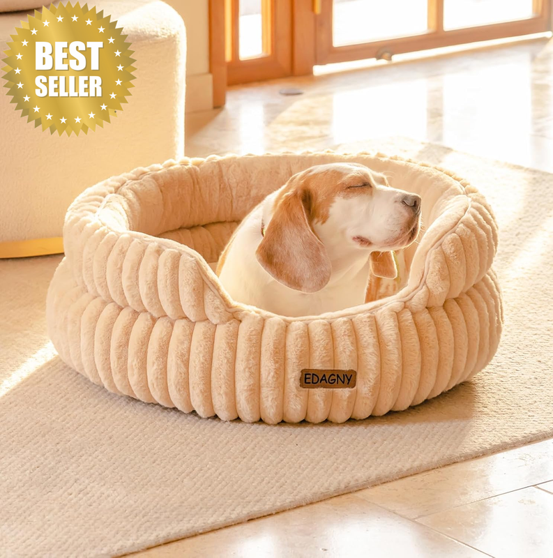 Calming Donut Dog Bed for Medium Large Dogs Anti-Anxiety Camel L