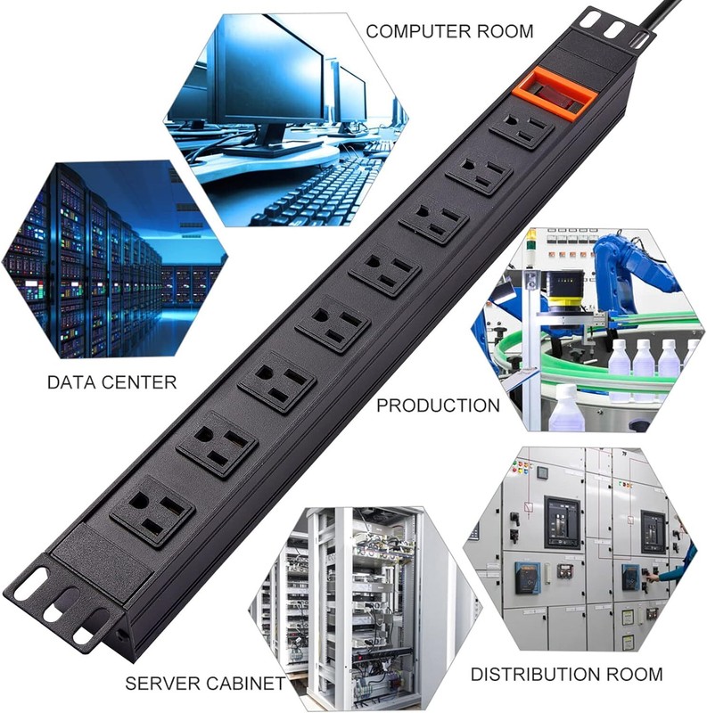 Rack Mount PDU, Power Strip Surge Protector 1U PDU Rackmount 600J, 8 Outlets