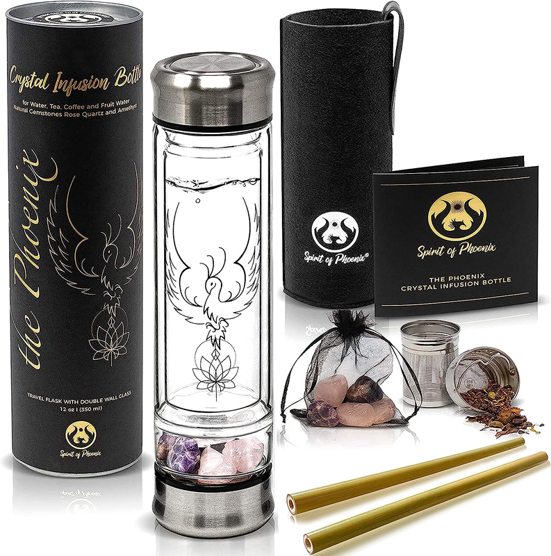 Phoenix Crystal Water Bottle, a Loose Leaf Tea Infuser Bottle, Double Wall Glass