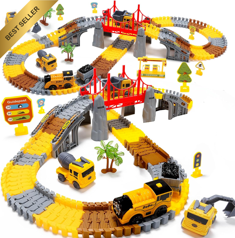 Construction Vehicle Rail Set Flexible with Arch Bridge Cars Road Signs for Ages