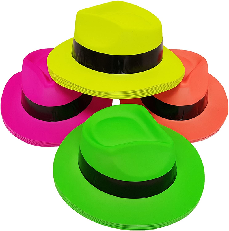 Party Hats, Neon Color Plastic Gangster Fedora Party Hats