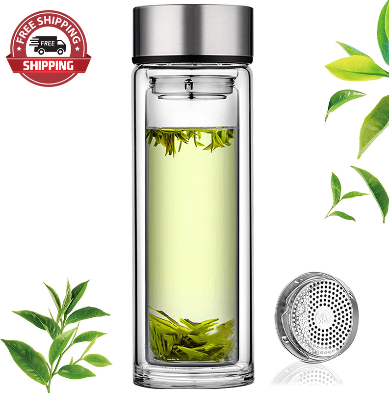Glass Tea Infuser Bottle Double Wall Borosilicate Portable Travel Mug Tea Tumble