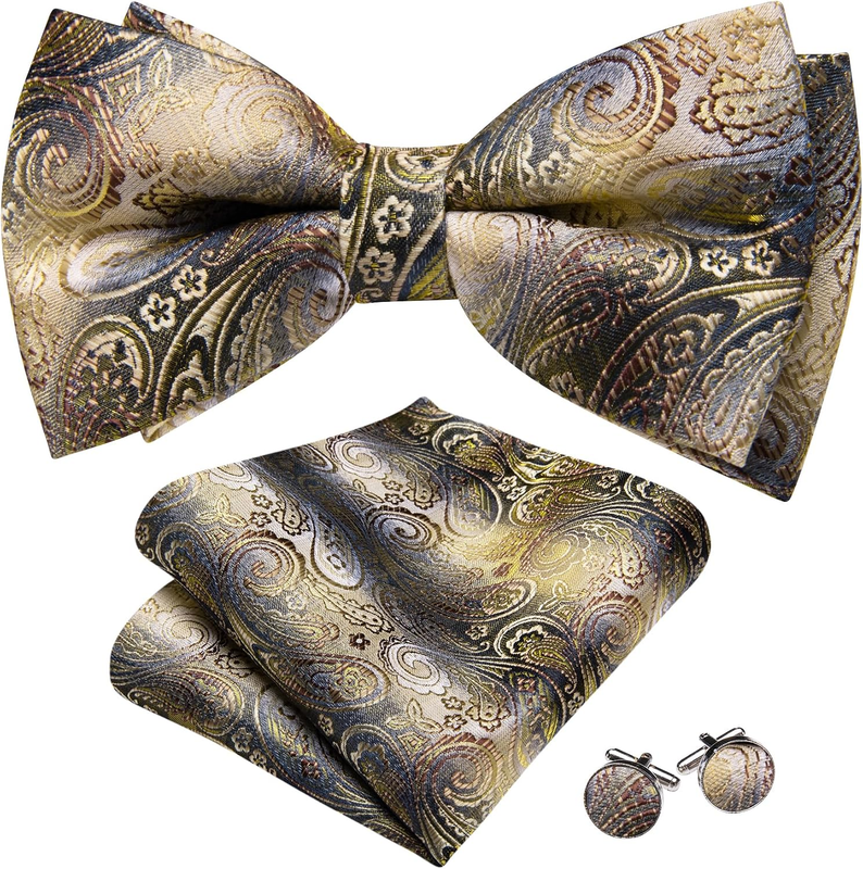 Paisley Striped Bow Tie for Men Silk Pre-Tied Bowtie Pocket Square Cufflinks Set