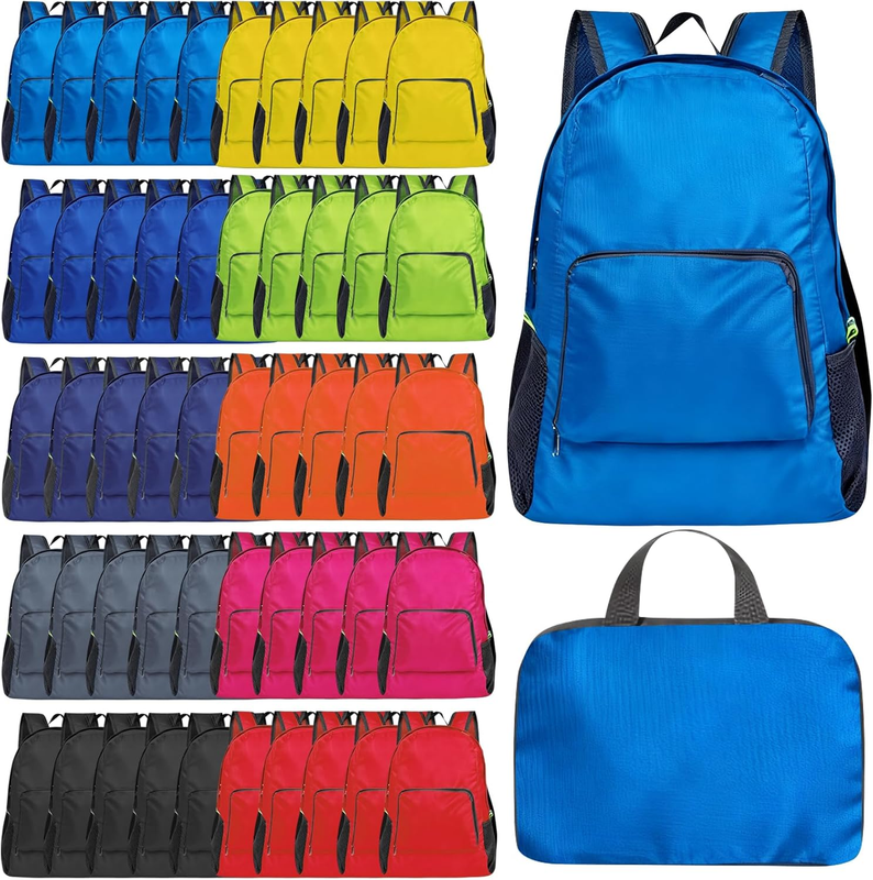 50 Pack Foldable Backpacks Bulk - 17 Inch Lightweight Travel Backpacks for Women & Men, Collapsible Backpack for Hiking, Gym,Homeless (10 Color Options)