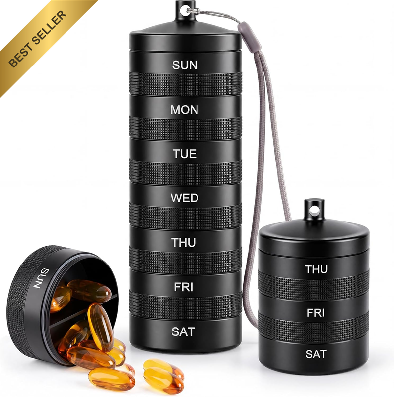 Weekly Metal Pill Organizer 2 Times a Day, Waterproof Travel Pill Case | Aluminu