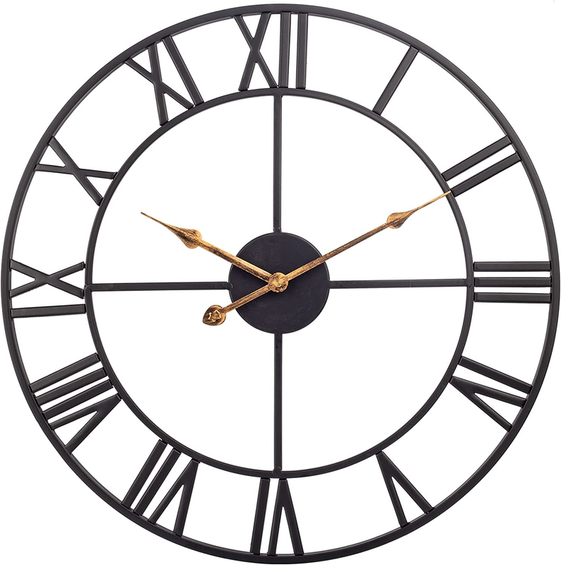 24 Inch Large Wall Clock, Industrial Wall Clock with Roman Numerals, Black Indoo