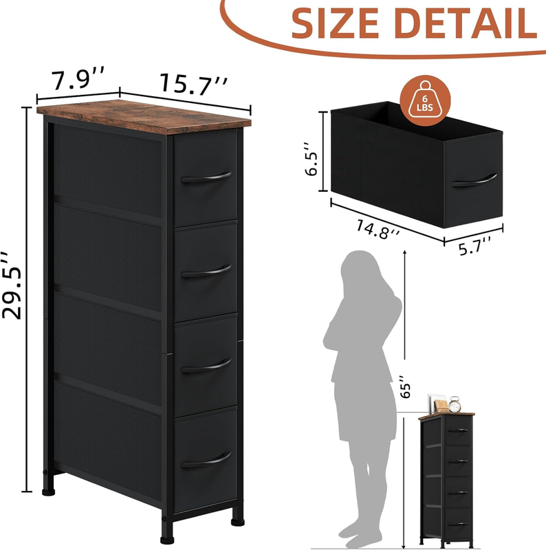 Narrow Dresser with 4 Drawers, Slim Storage Organizer Chest of Drawers with Remo