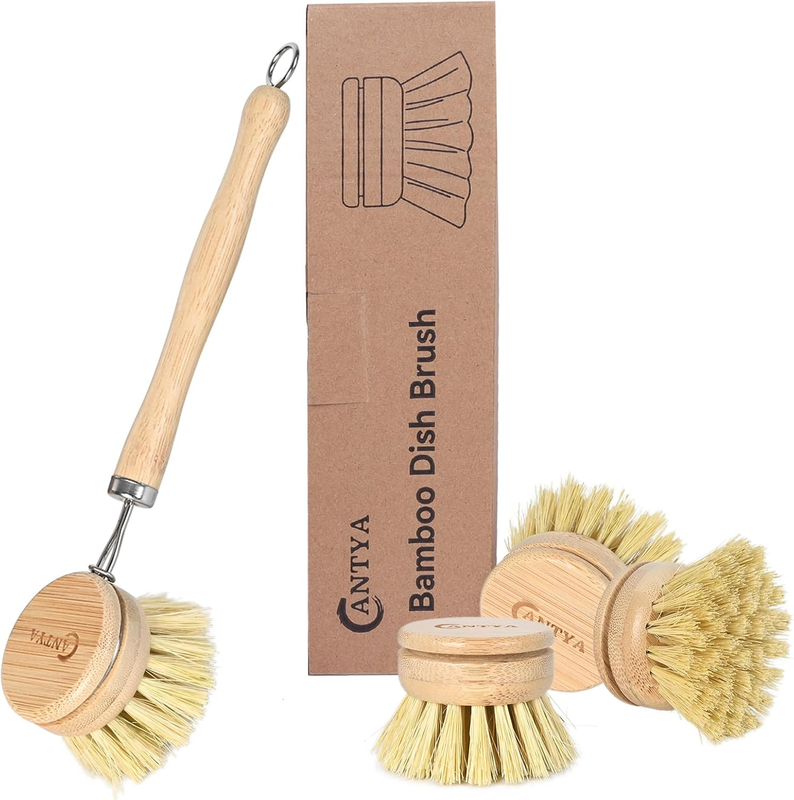 Bamboo Dish Brush with Handle 4 Replacement Heads, Eco-Friendly Soft Sisal Dish