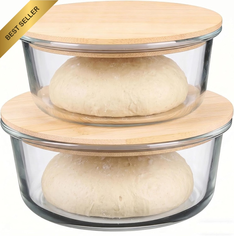 Glass Pizza Dough Proofing Bowl Set of 2 with Wooden Lids, round Bread Rising Co