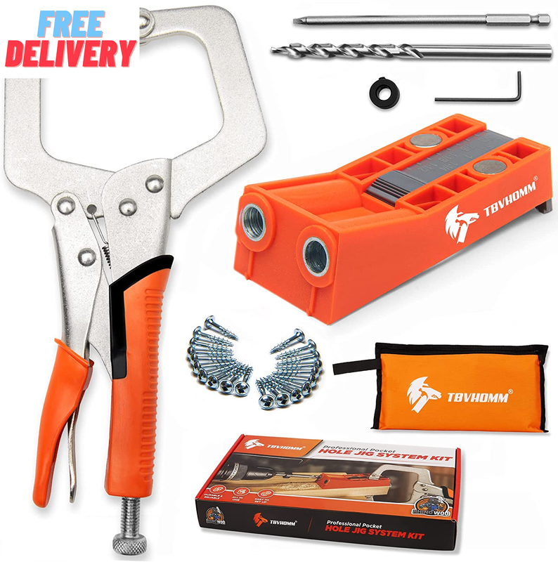 Pocket Hole Jig System Kit, Pocket Screw Jig with 9 Inch Clamp, Square Driver Bi