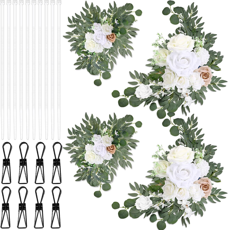 Wedding Arch Flowers Set of 4 Artificial Flower Swag Wedding Faux Floral Swag with 10 Cable Tie and 8 Clip for Party Welcome Signs Ceremony Reception Backdrop Decor(Romantic White)