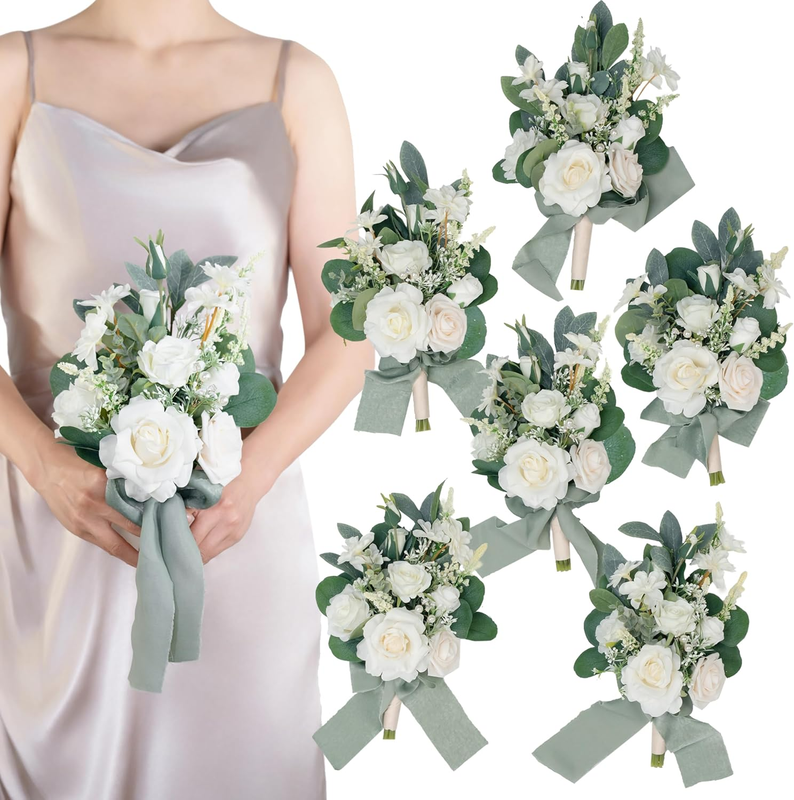 Set of 6 White Bridesmaid Bouquet, Sage Green Bridal Bouquets for Bridesmaids,Small Wedding Bouquet,For Wedding, Ceremony, Anniversary, Etc,Artificial Flowers