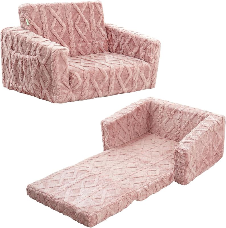 Toddler Couch for Kids – 2-In-1 Fold Out Sofa and Lounger, Soft Flannel Convertible Chair, Flip Open Kids Couch(Pink)