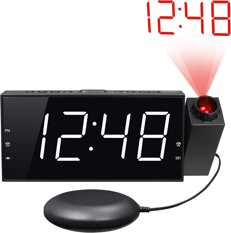 Projection Digital Alarm Clock with Bed Shaker for Bedroom, Extra Loud Alarm Clo