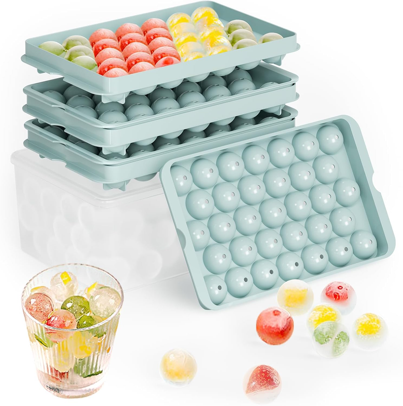 Round Ice Cube Trays with Lid and Bin - 3 Stackable Trays Small Circle Ice Maker