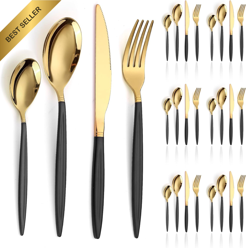 Black Gold Cutlery Set 24PC for 6 SS Titanium Plated Handle Flatware