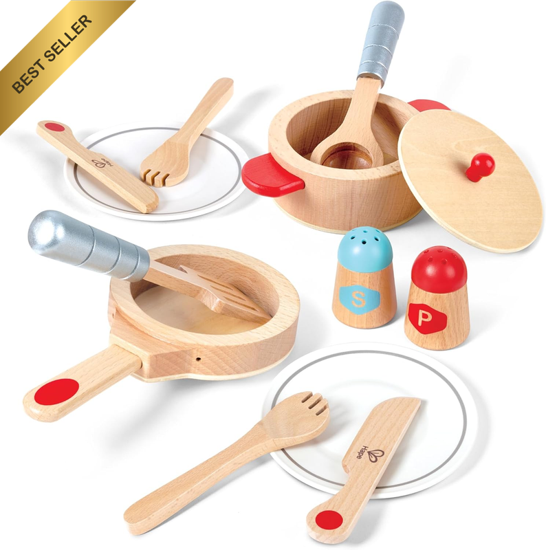 13pc Cook & Serve Wooden Playset Pots Pans Food & Utensils Ages 3+
