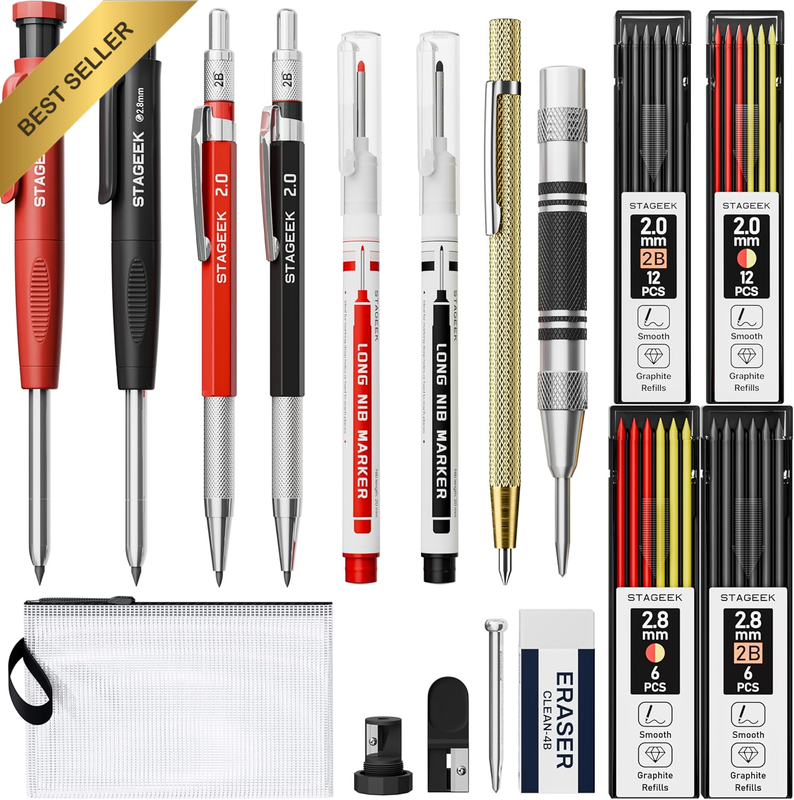17 Pcs Mechanical Carpenter Pencil Set with Sharpener, Automatic Center Punch, C