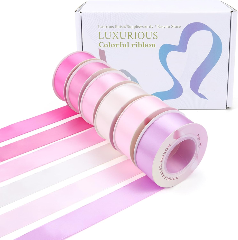 6 Colors Double Face Satin Ribbon 1 Inch X 60 Yards Double Sided Solid Polyester