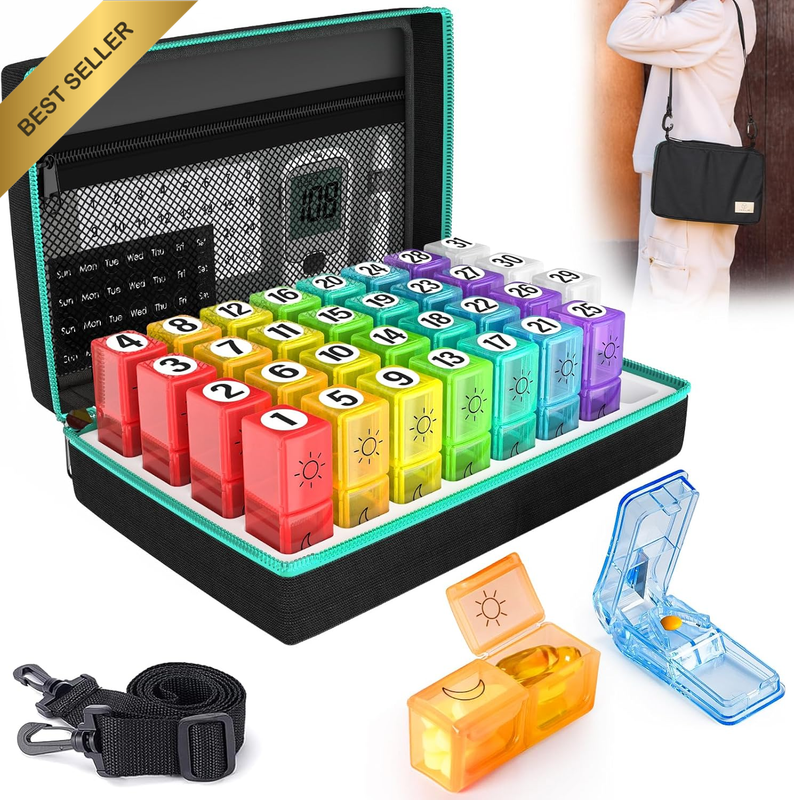 Monthly Pill Organizer 2 Times a Day, Pill Case with Weekly Stickers | 31 Day Pi