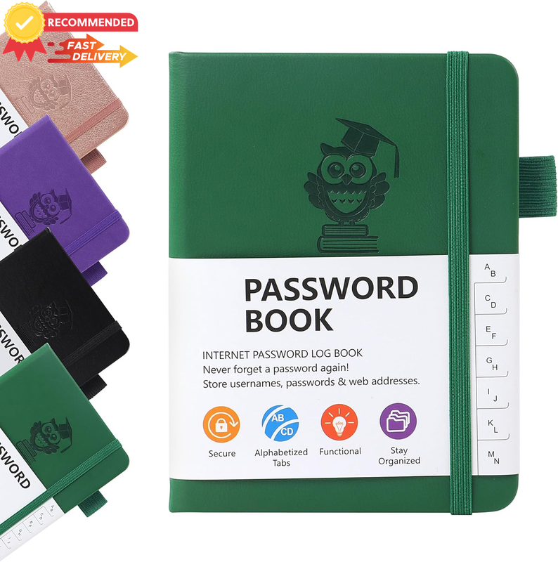 A6 Password Book Green, PU Leather, Alphabetical Tabs, Elastic Loop, Organizer