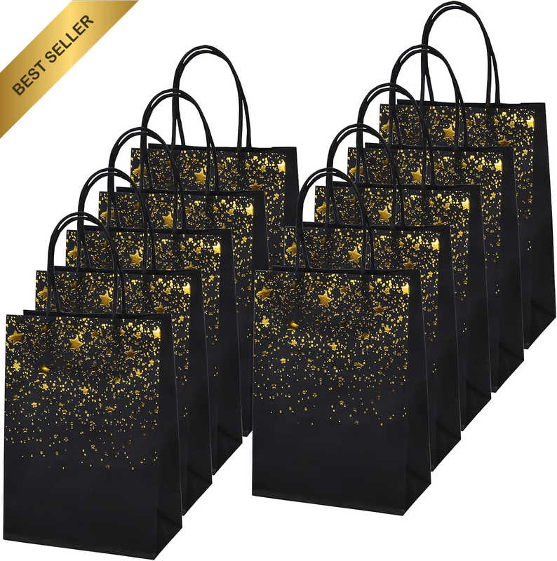 10 Pack Kraft Gift Bags, Party Favor Bag, Gold Foil Star Heart Printed Paper Bag
