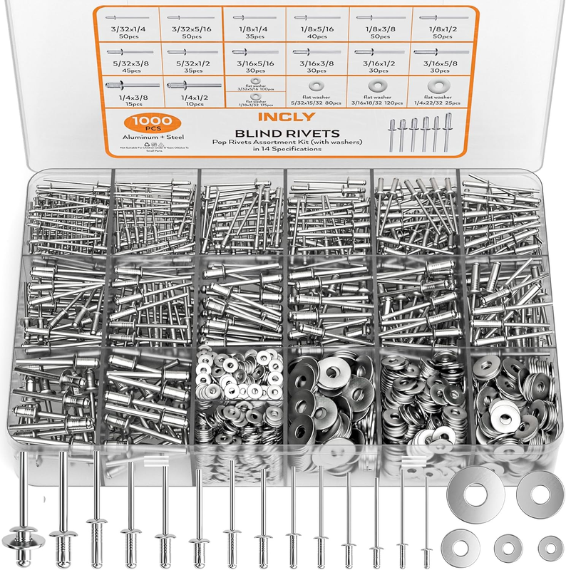 1000PCS Aluminum Pop Rivets Assortment Kit, 14 Sizes Pop Rivets (3/32" 1/8" 5/32