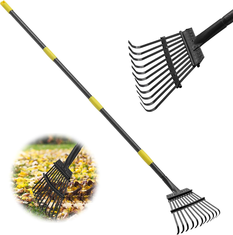 Rake, 73 Inch Long, 11 Tines Small Metal Garden Rake for Leaves, Heavy Duty 9 Inch Wide Rakes for Lawns, Yard Leaf Rakes for Gardening , Flower Beds, Shrub, Kids