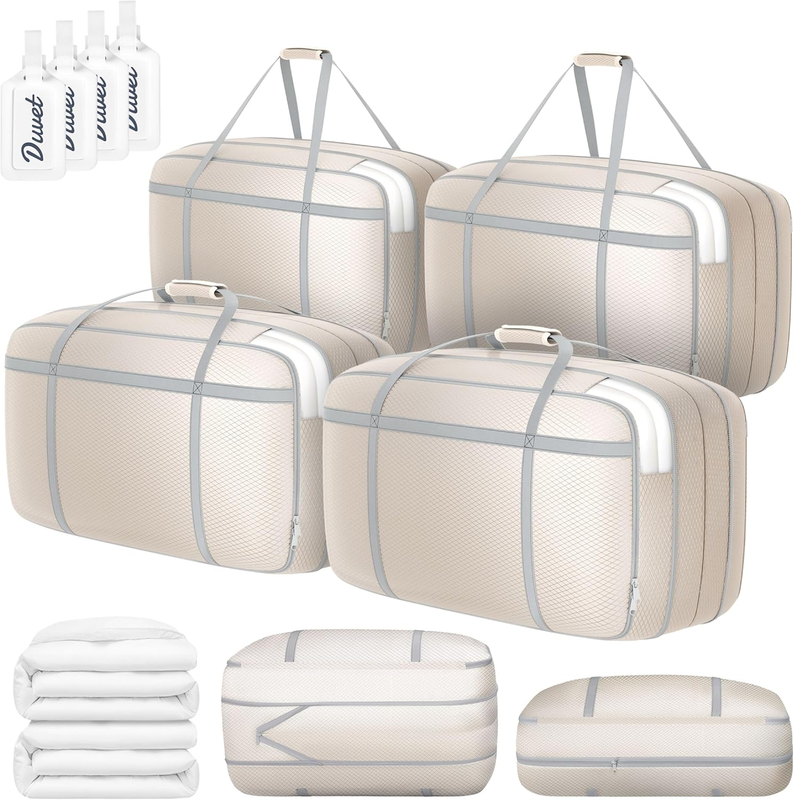 Large Compression Comforter Storage Bag with Carry Handls, 100L Washable Blanket Storage Packing Totes, Space Saving Containers for Pillow, Clothes, Bedding, 4 PCS