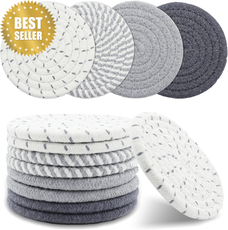 8 Pcs Drink Coasters with Holder,Minimalist Cotton Woven Coaster Set,4 Colors Ab