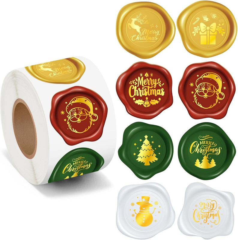 500Pcs Christmas Wax Seal Stickers Roll, Gold Foil Self Adhesive Labels